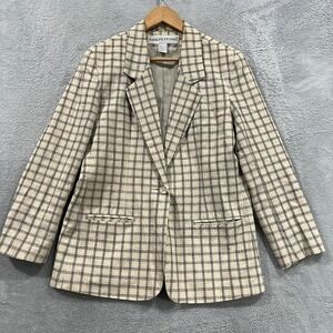 Adolfo Studio Women's Linen Blend Blazer 8 Petite Plaid Office Preppy Career 90s